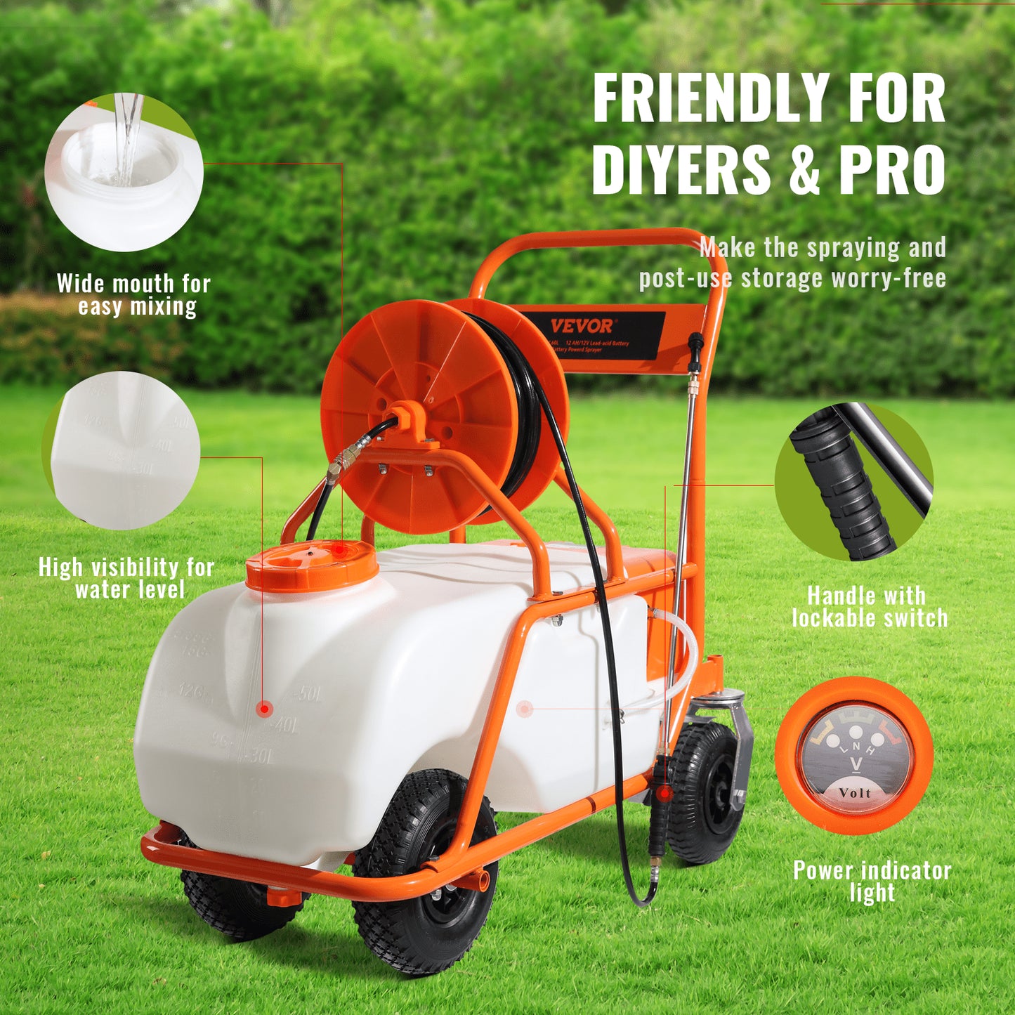 Lawn Sprayer with Wheels, Adjustable Pressure 0-90 PSI, Sprayer with 60L Tank, with 8 Nozzles, 2 Wands, Wide Opening Lid for Garden, Weeding, Spraying
