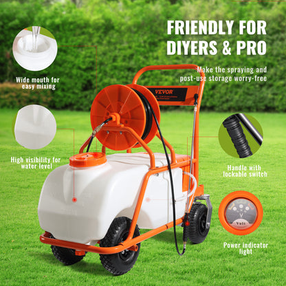 Lawn Sprayer with Wheels, Adjustable Pressure 0-90 PSI, Sprayer with 60L Tank, with 8 Nozzles, 2 Wands, Wide Opening Lid for Garden, Weeding, Spraying