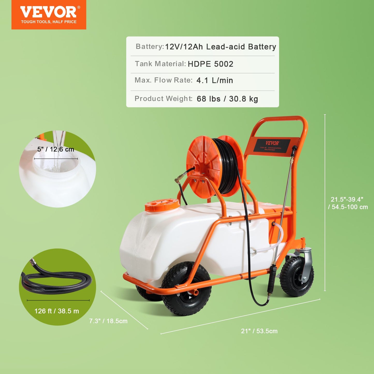 Lawn Sprayer with Wheels, Adjustable Pressure 0-90 PSI, Sprayer with 60L Tank, with 8 Nozzles, 2 Wands, Wide Opening Lid for Garden, Weeding, Spraying