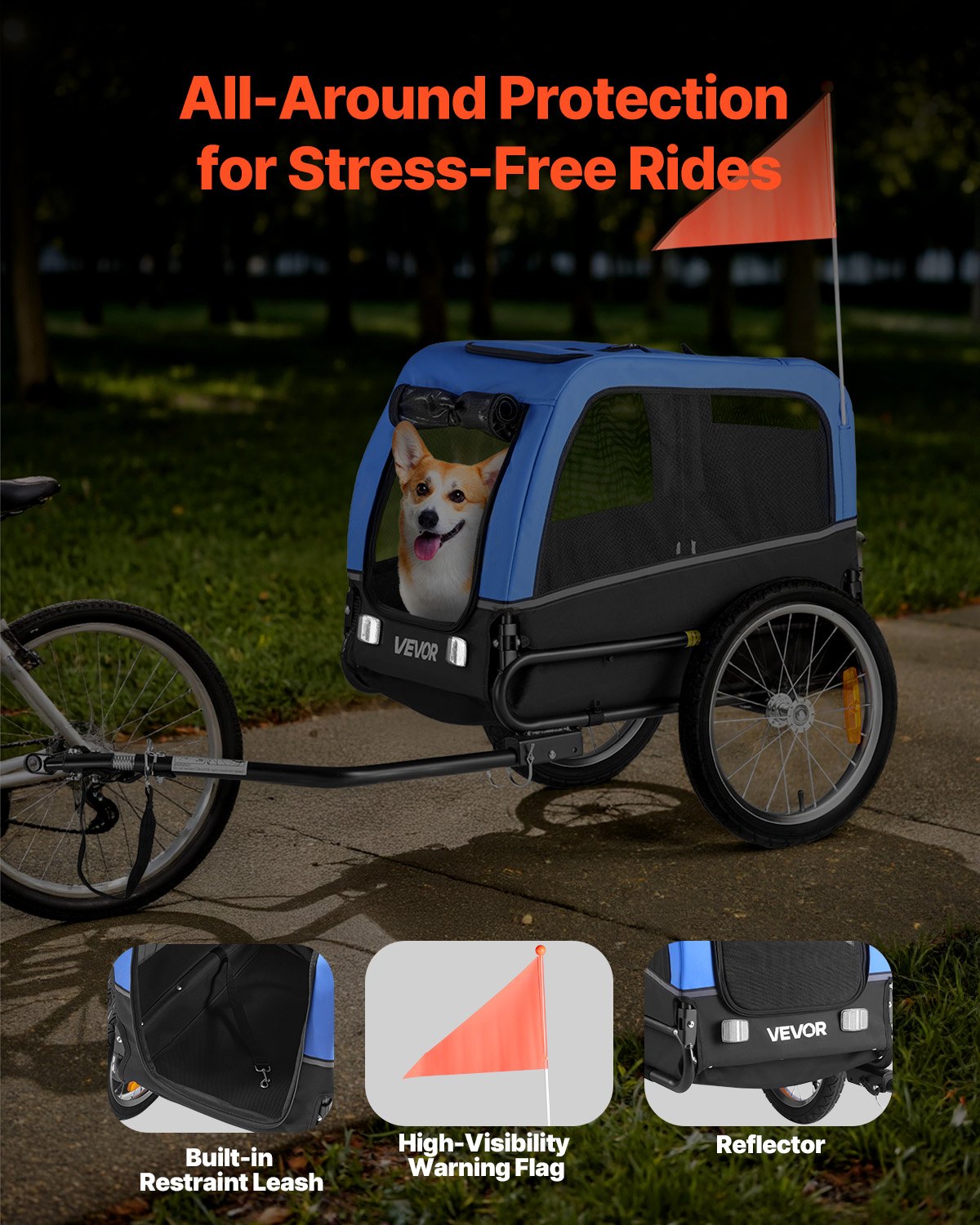 Dog Bike Trailer, Supports up to 30 kg, Pet Cart Bicycle Carrier for Small & Medium Dogs, Easy Folding Frame with Quick Release Wheel, Universal Bicycle Coupler, Reflector, Flag, Internal Leash