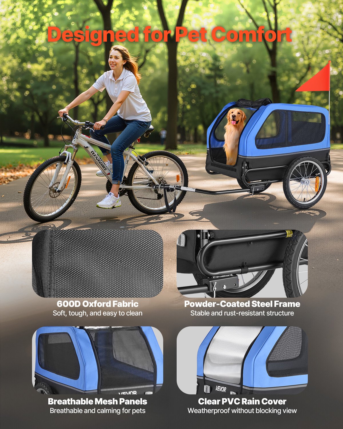 Dog Bike Trailer, Supports up to 40 kg, Pet Cart Bicycle Carrier for Small & Large Dogs, Easy Folding Frame with Quick Release Wheel, Universal Bicycle Coupler, Reflector, Flag, Internal Leash