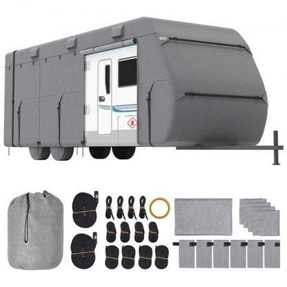 Travel Trailer Cover, 20-22 ft RV Cover, 4-Layer Non-Woven Fabric Camper Cover, Waterproof, Windproof and Rip-Stop Class A RV Cover, with Storage Bag, Repair Patches, Straps and Tire Covers
