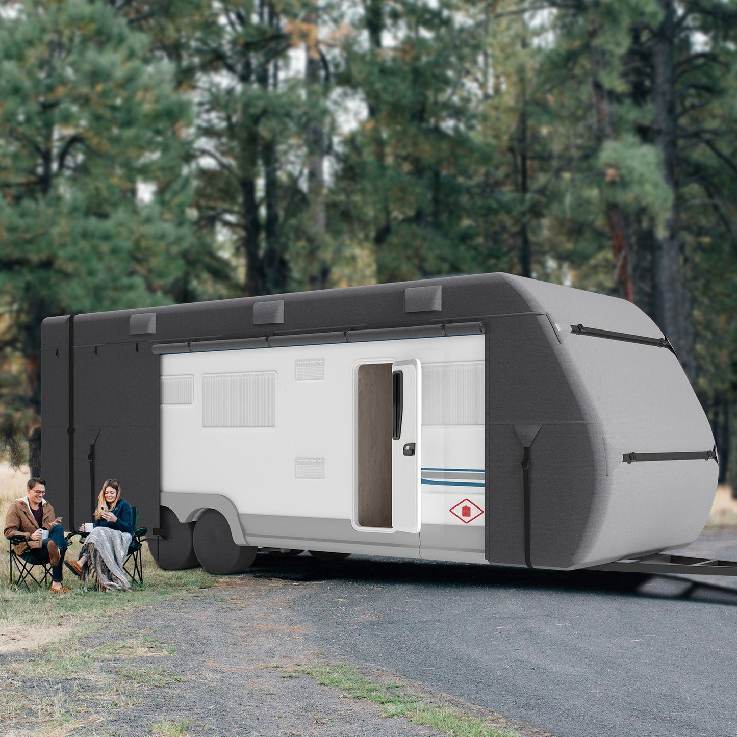 Travel Trailer Cover, 20-22 ft RV Cover, 4-Layer Non-Woven Fabric Camper Cover, Waterproof, Windproof and Rip-Stop Class A RV Cover, with Storage Bag, Repair Patches, Straps and Tire Covers