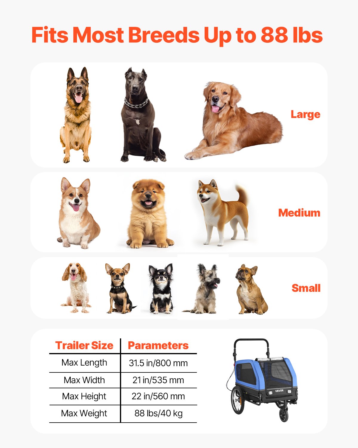 Dog Bike Trailer, Supports up to 40 kg, 2-in-1 Pet Stroller Cart Bicycle Carrier for Small & Large Dogs, Easy Folding Frame with Quick Release Wheel, Universal Bicycle Coupler, Internal Leash