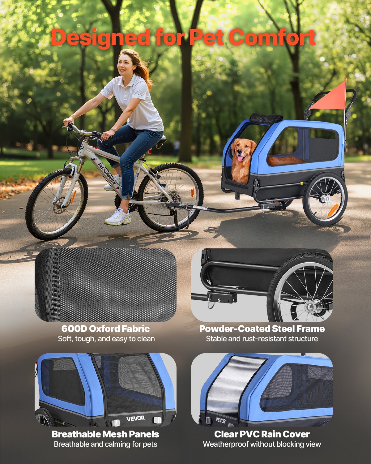 Dog Bike Trailer, Supports up to 40 kg, 2-in-1 Pet Stroller Cart Bicycle Carrier for Small & Large Dogs, Easy Folding Frame with Quick Release Wheel, Universal Bicycle Coupler, Internal Leash