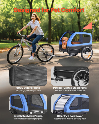 Dog Bike Trailer, Supports up to 40 kg, 2-in-1 Pet Stroller Cart Bicycle Carrier for Small & Large Dogs, Easy Folding Frame with Quick Release Wheel, Universal Bicycle Coupler, Internal Leash