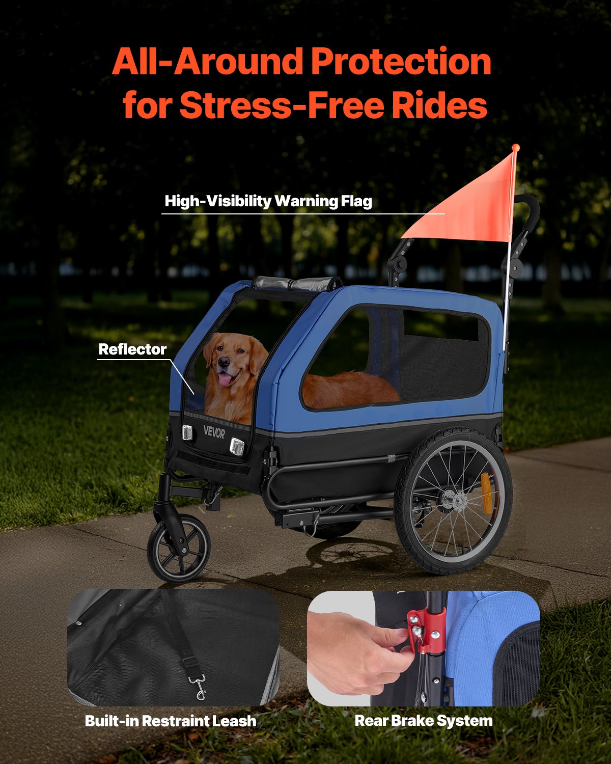 Dog Bike Trailer, Supports up to 40 kg, 2-in-1 Pet Stroller Cart Bicycle Carrier for Small & Large Dogs, Easy Folding Frame with Quick Release Wheel, Universal Bicycle Coupler, Internal Leash