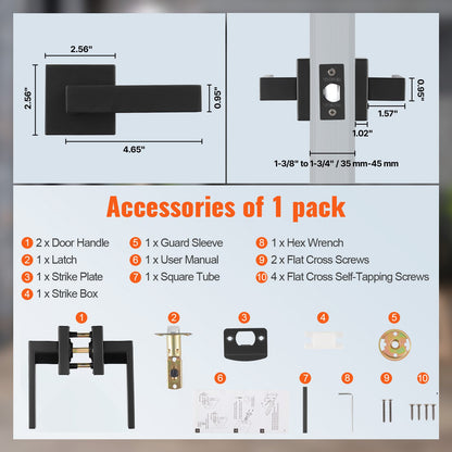 Passage Door Handle, 1 Pack Matte Black Door Lever, Left or Right Handing Reversible Lever Non-Locking, 45° Rotation to Open, Universal Square Interior for Hallways, Closets, Meeting Spaces