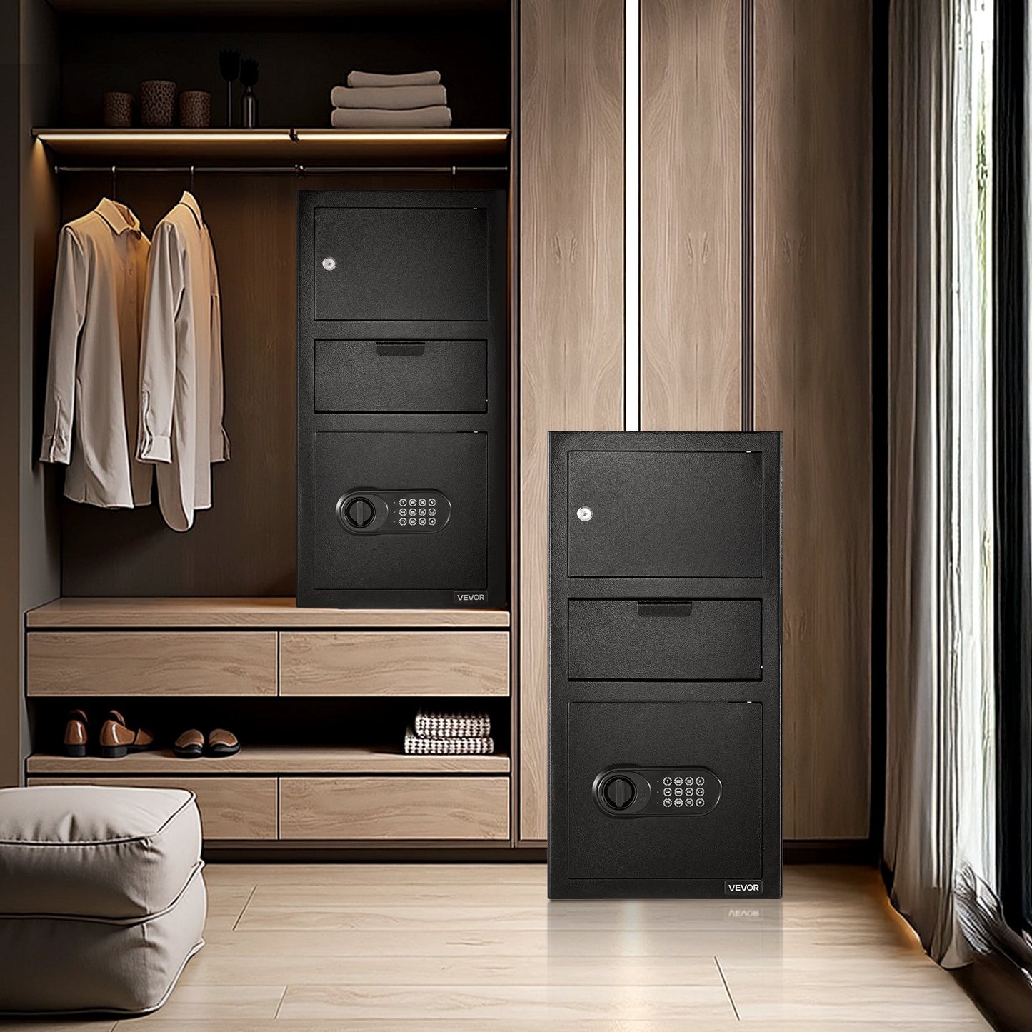 3.6 Cubic Feet Drop Safe, Large Capacity Front Drop Slot Safe Box with Digital Keypad, Heavy Duty 3 Tiers Cash Depository Box with Spare Keys for Cash, Bank Slip, Jewelry, Document, Bill, Black