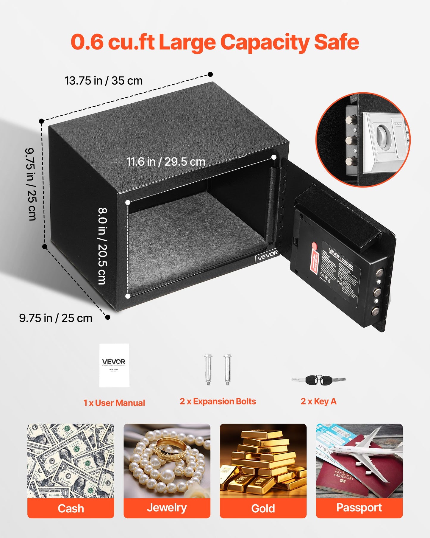 0.6 Cubic Feet Drop Safe, Drop Slot Safe Box with Password and Turn Knob, Heavy Duty Compact Cash Depository Box with a Front Lock Slot for Cash, Bank Slips, Jewelry, Documents, Bills, Black