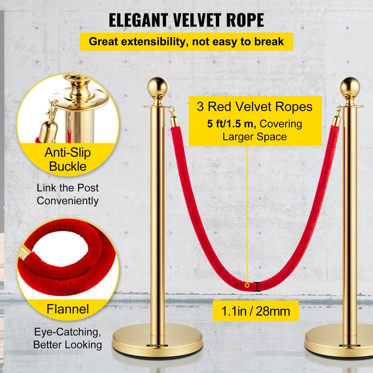Velvet Ropes and Posts, 5 ft/1.5 m Red Rope, Stainless Steel Gold Stanchion with Ball Top, Red Crowd Control Barrier Used for Theaters, Party, Wedding, Exhibition, Ticket Offices Pack Sets (6)