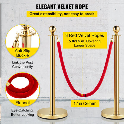 Velvet Ropes and Posts, 5 ft/1.5 m Red Rope, Stainless Steel Gold Stanchion with Ball Top, Red Crowd Control Barrier Used for Theaters, Party, Wedding, Exhibition, Ticket Offices Pack Sets (6)