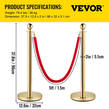 Velvet Ropes and Posts, 5 ft/1.5 m Red Rope, Stainless Steel Gold Stanchion with Ball Top, Red Crowd Control Barrier Used for Theaters, Party, Wedding, Exhibition, Ticket Offices Pack Sets (6)