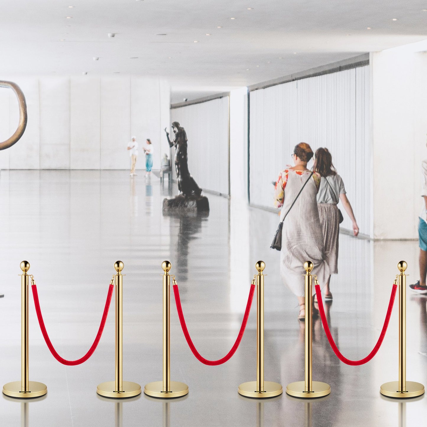 Velvet Ropes and Posts, 5 ft/1.5 m Red Rope, Stainless Steel Gold Stanchion with Ball Top, Red Crowd Control Barrier Used for Theaters, Party, Wedding, Exhibition, Ticket Offices Pack Sets (6)