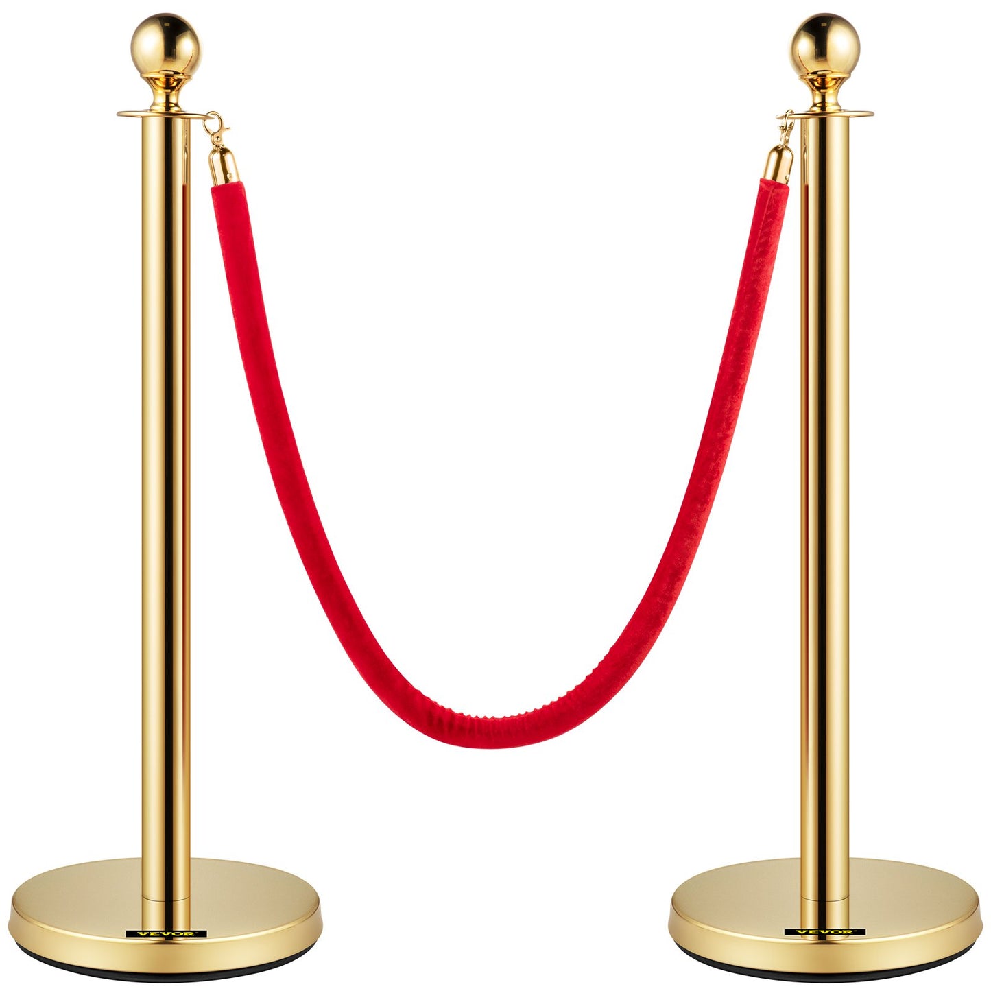 Velvet Ropes and Posts, 5 ft/1.5 m Red Rope, Stainless Steel Gold Stanchion with Ball Top, Red Crowd Control Barrier Used for Theaters, Party, Wedding, Exhibition, Ticket Offices Pack Sets (6)