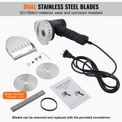 Electric Shawarma Knife, 80W Professional Turkish Kebab Knife, Commercial Stainless Steel Gyro Cutter, Doner Kebab Meat Slicer with 2 Blades, Φ4"/100mm Blade Diameter, 0-8mm Adjustable Thickness