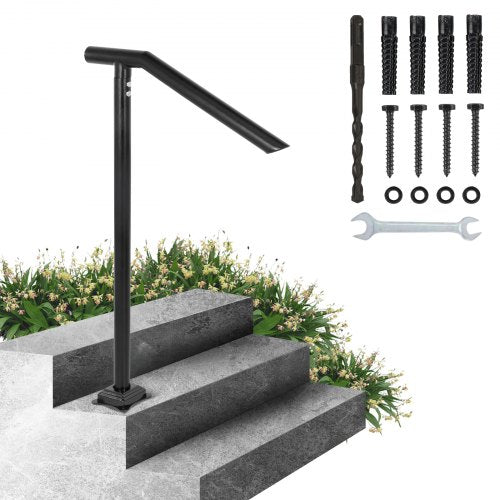 Handrail, 1-3 Step Black Steel Railing for Steps 330LBS Capacity Stair Handrail Baking Varnish Metal Handrail for Stairs Stylish Handrails for Outdoor Steps with Expansion Bolts & Drill Bit