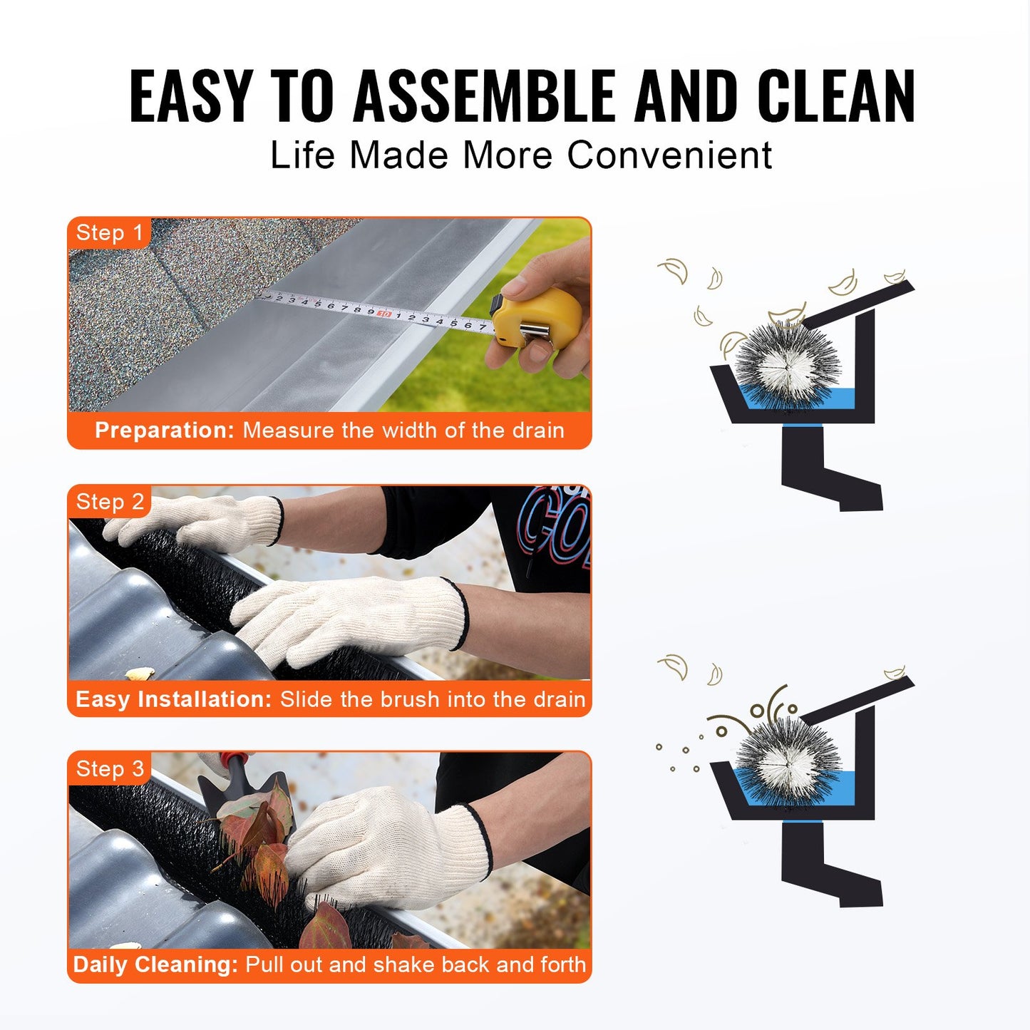 Gutter Brush, 80 Feet Total Length 4.33 inch Diameter Gutter Cleaning Tools, Ground-Level Gutter Brush Leaf Guard for 5 Inch Gutters, Easily Clear roof Leaves and Debris, 27 Pack