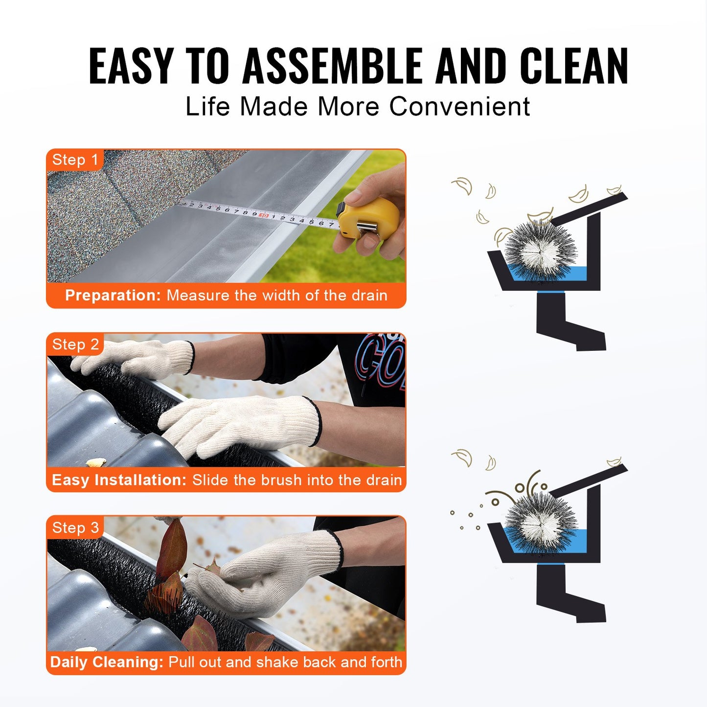 Gutter Brush, 15 Feet Total Length 4.33 inch Diameter Gutter Cleaning Tools, Ground-Level Gutter Brush Leaf Guard for 5 Inch Gutters, Easily Clear roof Leaves and Debris, 5 Pack