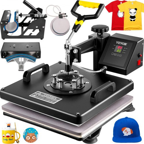 VEVR Heat Press Machine, 15 x 15 Inch, 5 in 1 Combo Swing Away T-Shirt Sublimation Transfer Printer with Teflon Coated, Mug/Hat/Plate Accessories Included, ETL/FCC Certificated, Black