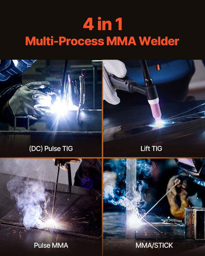 MMA Welder, 140A 4-in-1 Welding Machine - MMA (Stick)/DC Pulse MMA/DC Pulse TIG/Lift TIG, LED Display Electric Welder Machine with Synergic Control, IGBT Inverter, Hot Start