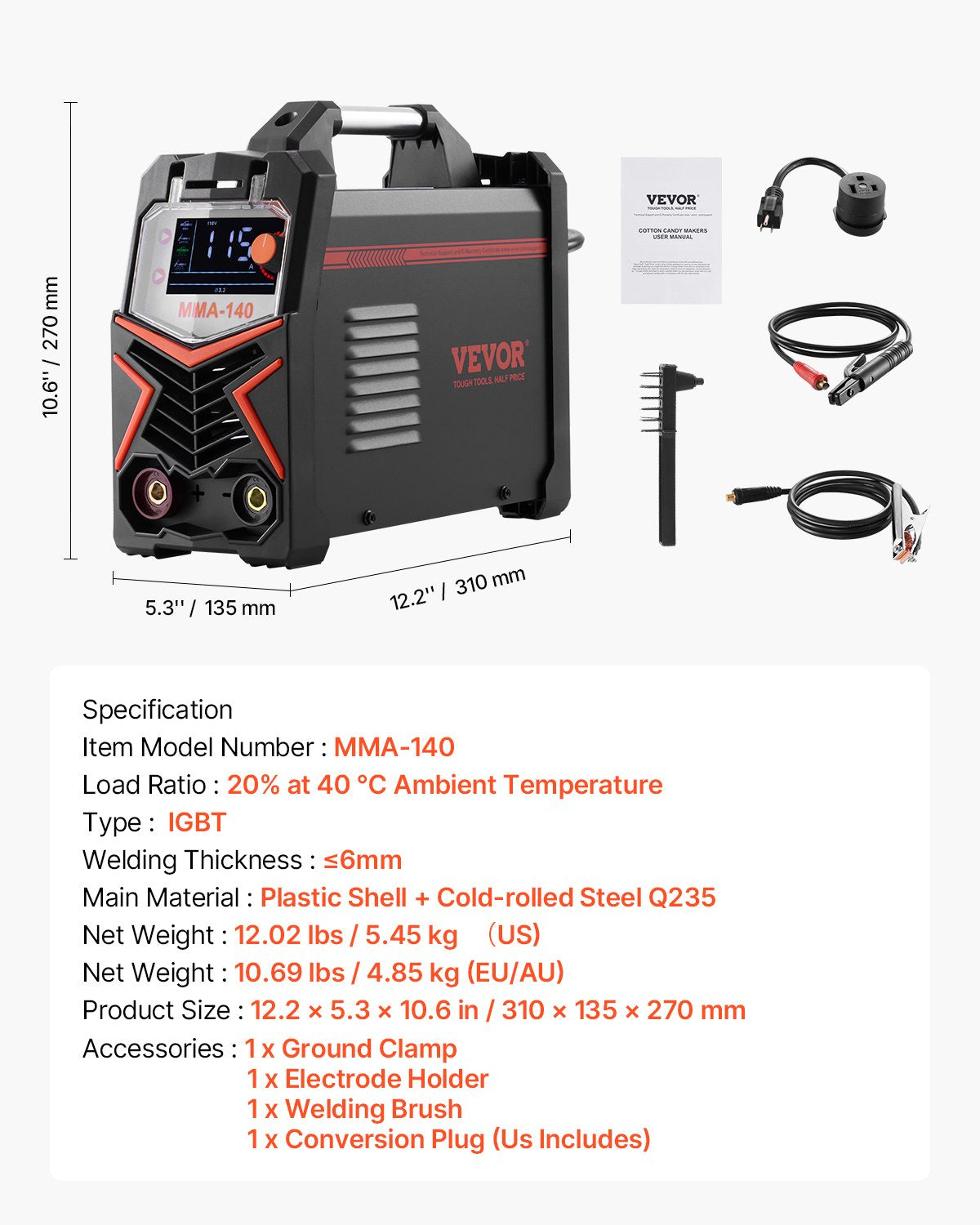 MMA Welder, 140A 4-in-1 Welding Machine - MMA (Stick)/DC Pulse MMA/DC Pulse TIG/Lift TIG, LED Display Electric Welder Machine with Synergic Control, IGBT Inverter, Hot Start