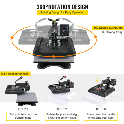 Heat Press Machine 38.1x38.1 cm 8 In 1 Heat Press 1000W Sublimation Machine 360° Rotation Swing Away Heat Press 8 In 1 Shirt Printing Machine Dual-Tube Heating for DIY T-Shirts Cap Mugs (Black)
