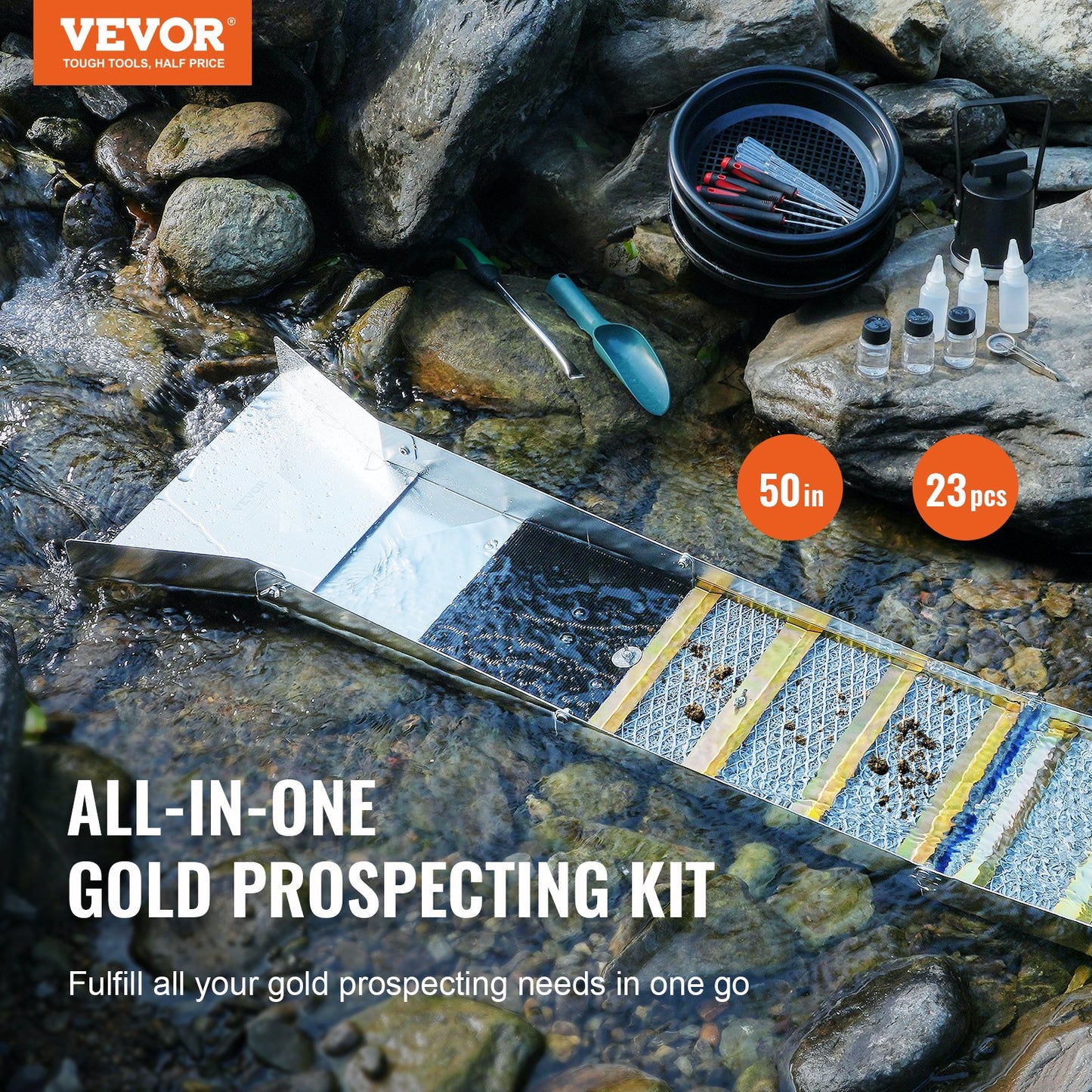 Gold Panning Kit With Sluice Box, 127 cm Aluminum Gold Mining Equipment, 23 PCS Gold Prospecting Kit with Gold Pan, Classifier Screen, Separating Magnet, Drawstring Backpack and Accessories
