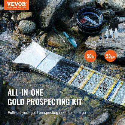 Gold Panning Kit With Sluice Box, 127 cm Aluminum Gold Mining Equipment, 23 PCS Gold Prospecting Kit with Gold Pan, Classifier Screen, Separating Magnet, Drawstring Backpack and Accessories