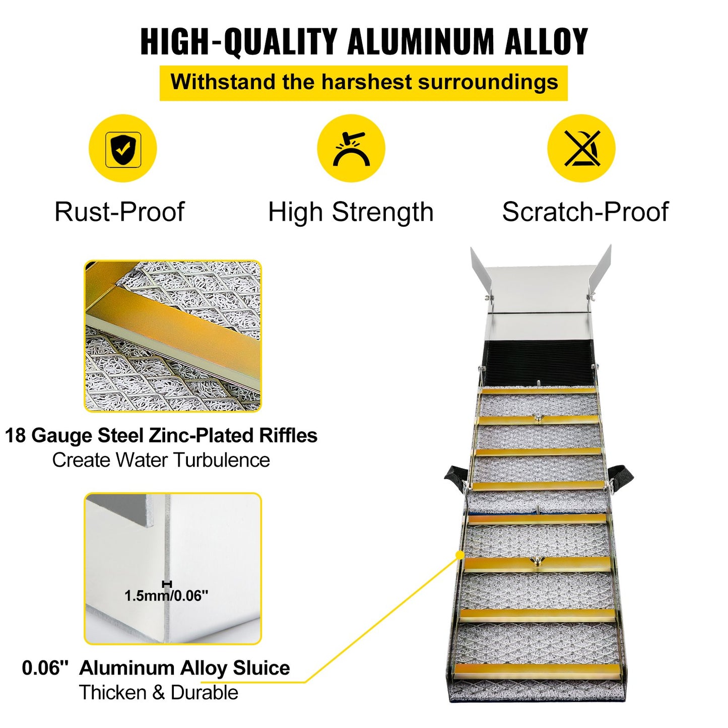 Faltbare Goldwaschrinne aus Aluminiumlegierung, kompakte 50-Zoll-Goldwaschrinne, leichte Goldwaschanlage, tragbare Goldwaschrinne mit Moos, Fluss, Bach, Goldwaschen, Prospektion, Baggern