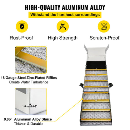 Faltbare Goldwaschrinne aus Aluminiumlegierung, kompakte 50-Zoll-Goldwaschrinne, leichte Goldwaschanlage, tragbare Goldwaschrinne mit Moos, Fluss, Bach, Goldwaschen, Prospektion, Baggern