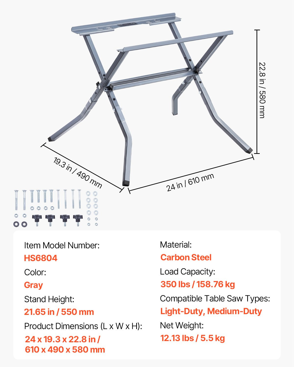 Table Saw Folding Stand, 350 lbs / 158.76 kg Load Capacity, Portable Compact Table Saw Stand, Heavy Duty Construction, Easy Storage, Foldable Design, Universal for Most Brands of Table Saws