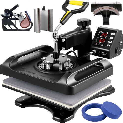 Heat Press Machine 12 x 15 Inch 6 In 1 Heat Press 360° Rotation Swing Away Heat Press 1000W Sublimation Machine 6 In 1 Black Shirt Printing Machine Dual-Tube Heating for DIY Mugs Cap T-Shirts