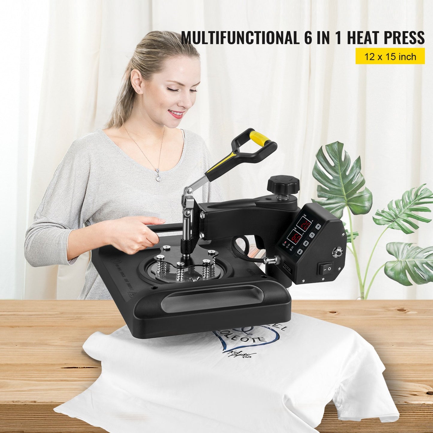 Heat Press Machine 12 x 15 Inch 6 In 1 Heat Press 360° Rotation Swing Away Heat Press 1000W Sublimation Machine 6 In 1 Black Shirt Printing Machine Dual-Tube Heating for DIY Mugs Cap T-Shirts
