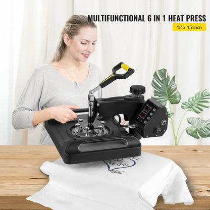 Heat Press Machine 12 x 15 Inch 6 In 1 Heat Press 360° Rotation Swing Away Heat Press 1000W Sublimation Machine 6 In 1 Black Shirt Printing Machine Dual-Tube Heating for DIY Mugs Cap T-Shirts