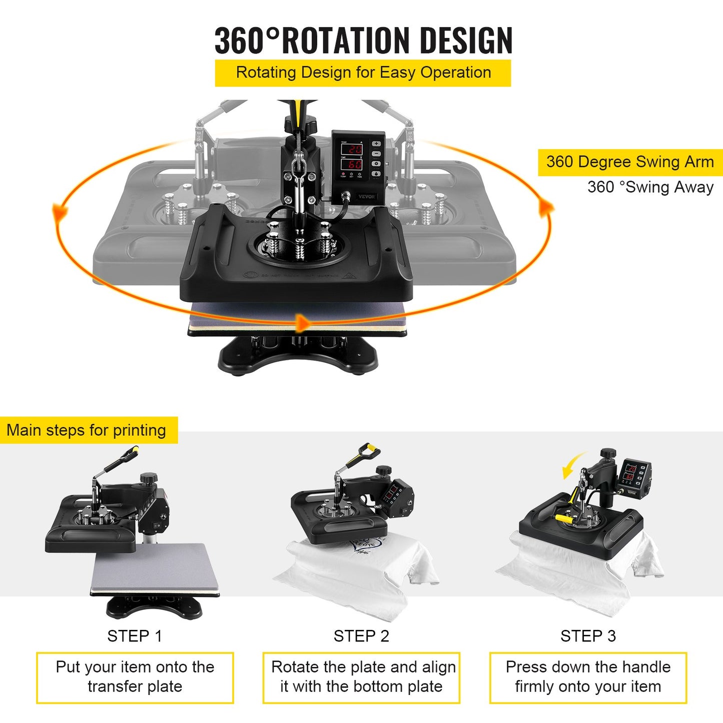 Heat Press Machine 12 x 15 Inch 6 In 1 Heat Press 360° Rotation Swing Away Heat Press 1000W Sublimation Machine 6 In 1 Black Shirt Printing Machine Dual-Tube Heating for DIY Mugs Cap T-Shirts
