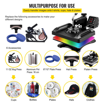 Heat Press Machine 12 x 15 Inch 6 In 1 Heat Press 360° Rotation Swing Away Heat Press 1000W Sublimation Machine 6 In 1 Black Shirt Printing Machine Dual-Tube Heating for DIY Mugs Cap T-Shirts