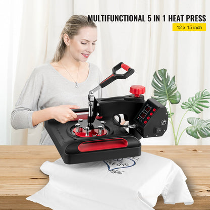 Heat Press Machine 30.5x38.1 cm 360° Rotation Swing Away Red Heat Press 5 In 1 Heat Press 1000W Sublimation Machine 5 In 1 Shirt Printing Machine Dual-Tube Heating for DIY Mugs And T-Shirts Cap