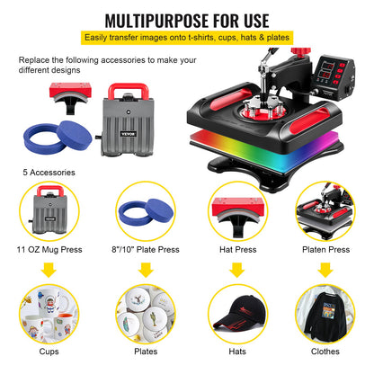 Heat Press Machine 30.5x38.1 cm 360° Rotation Swing Away Red Heat Press 5 In 1 Heat Press 1000W Sublimation Machine 5 In 1 Shirt Printing Machine Dual-Tube Heating for DIY Mugs And T-Shirts Cap