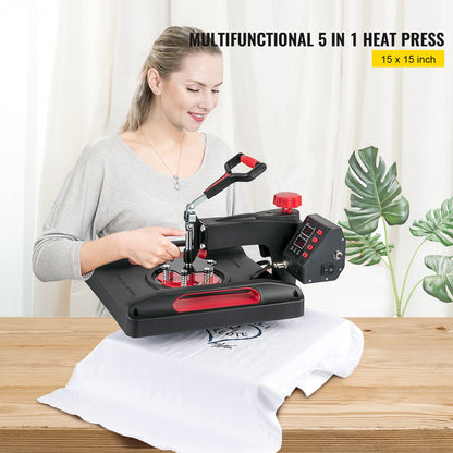 Heat Press Machine 38.1x38.1 cm 360° Rotation Swing Away Red Heat Press 5 In 1 Shirt Printing Machine 5 In 1 Heat Press 1000W Sublimation Machine Dual-Tube Heating for DIY Plates Cap Mugs