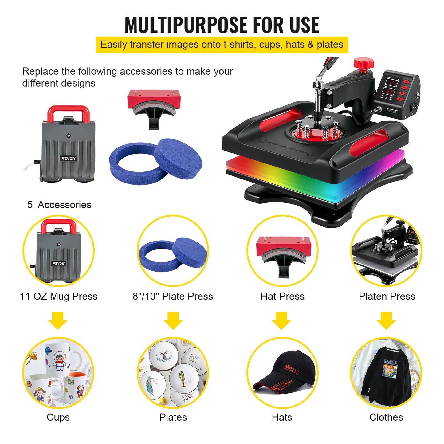 Heat Press Machine 38.1x38.1 cm 360° Rotation Swing Away Red Heat Press 5 In 1 Shirt Printing Machine 5 In 1 Heat Press 1000W Sublimation Machine Dual-Tube Heating for DIY Plates Cap Mugs
