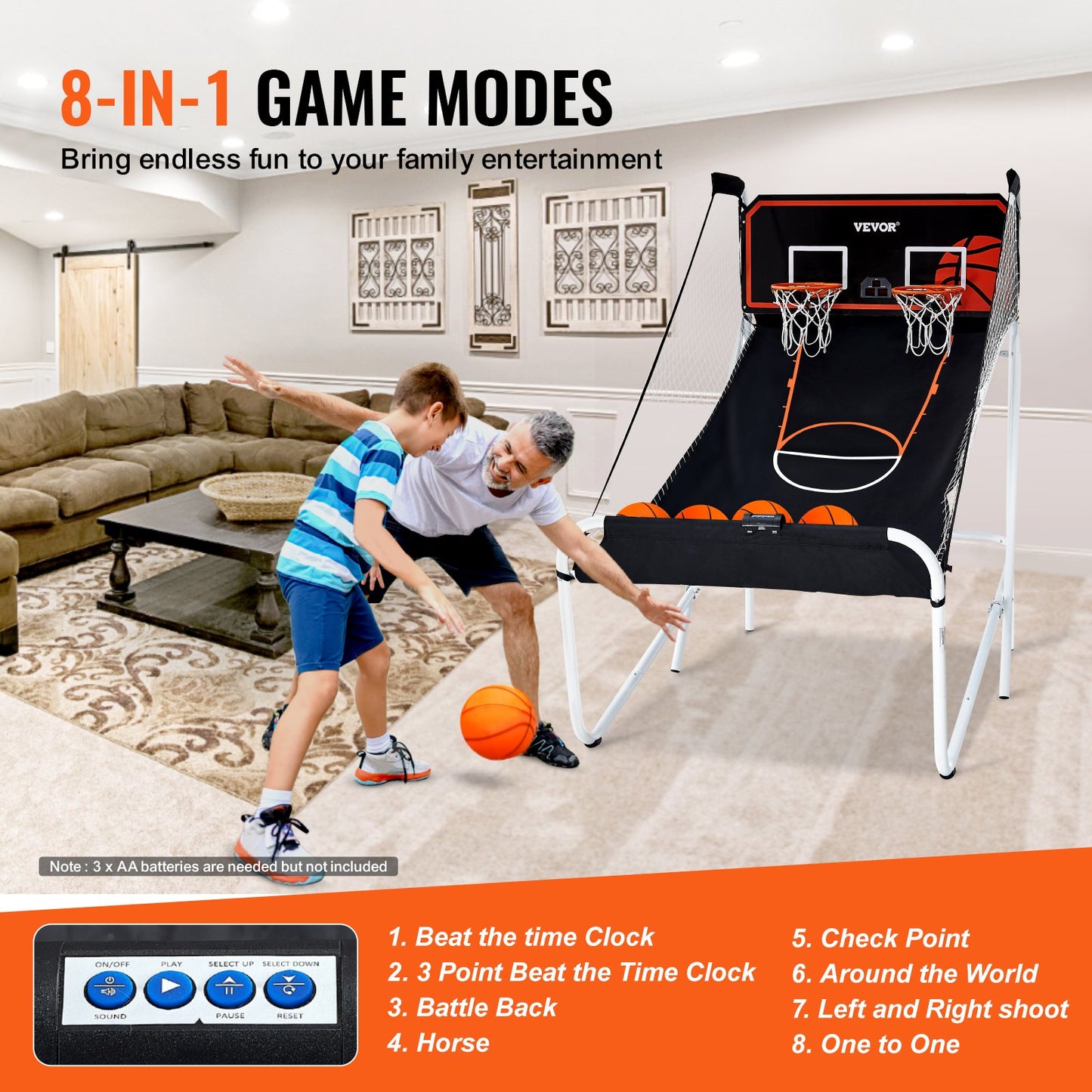Foldable Basketball Arcade Game, 2 Player Indoor Basketball Game, Home Dual Shot Sport with 5 Balls, 8 Game Modes, Electronic Scoreboard, and Inflation Pump, for Kids, Adults (Black & White)