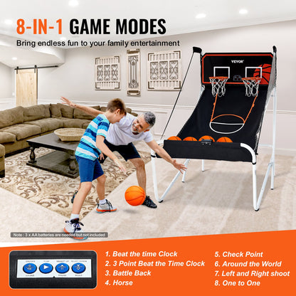 Foldable Basketball Arcade Game, 2 Player Indoor Basketball Game, Home Dual Shot Sport with 5 Balls, 8 Game Modes, Electronic Scoreboard, and Inflation Pump, for Kids, Adults (Black & White)