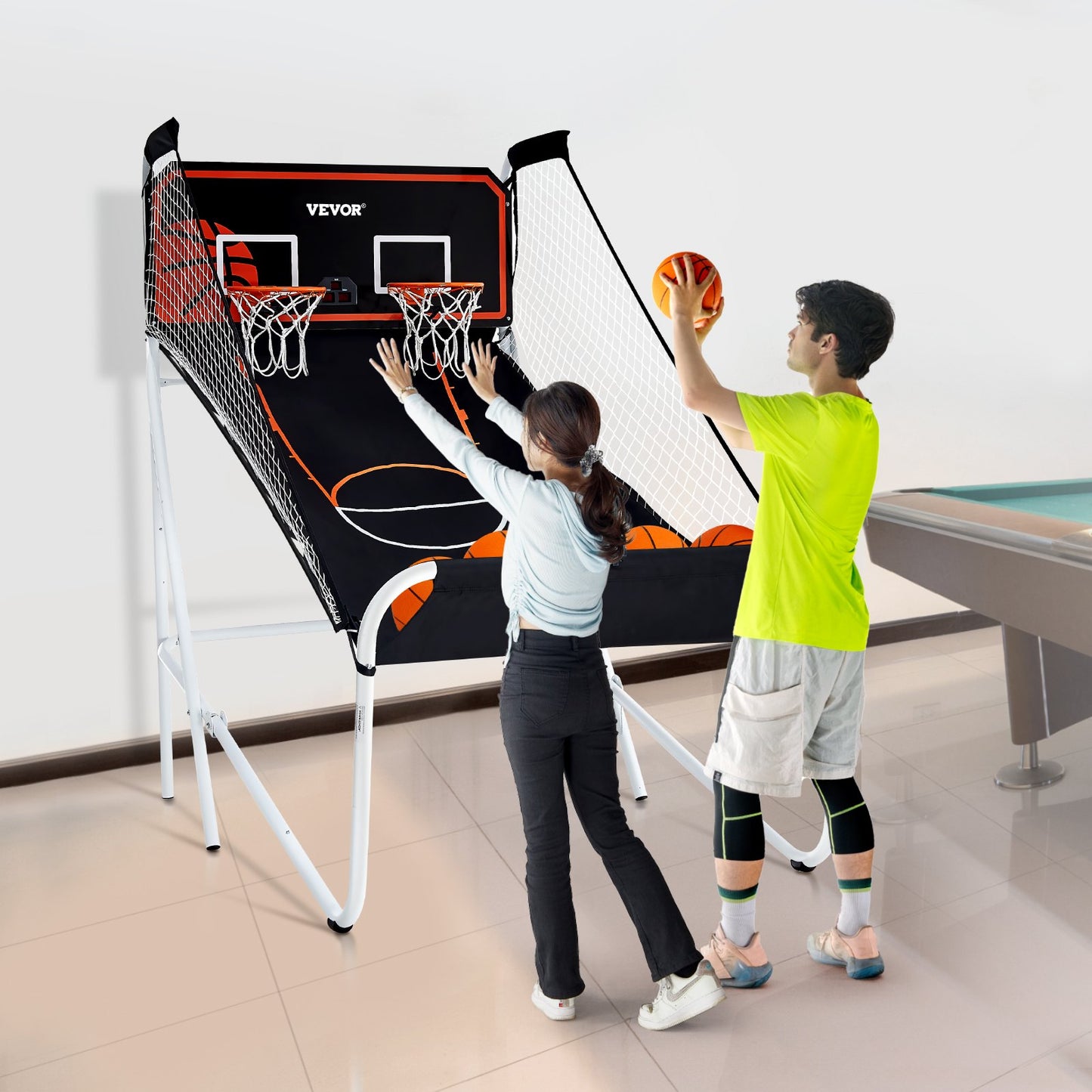 Foldable Basketball Arcade Game, 2 Player Indoor Basketball Game, Home Dual Shot Sport with 5 Balls, 8 Game Modes, Electronic Scoreboard, and Inflation Pump, for Kids, Adults (Black & White)