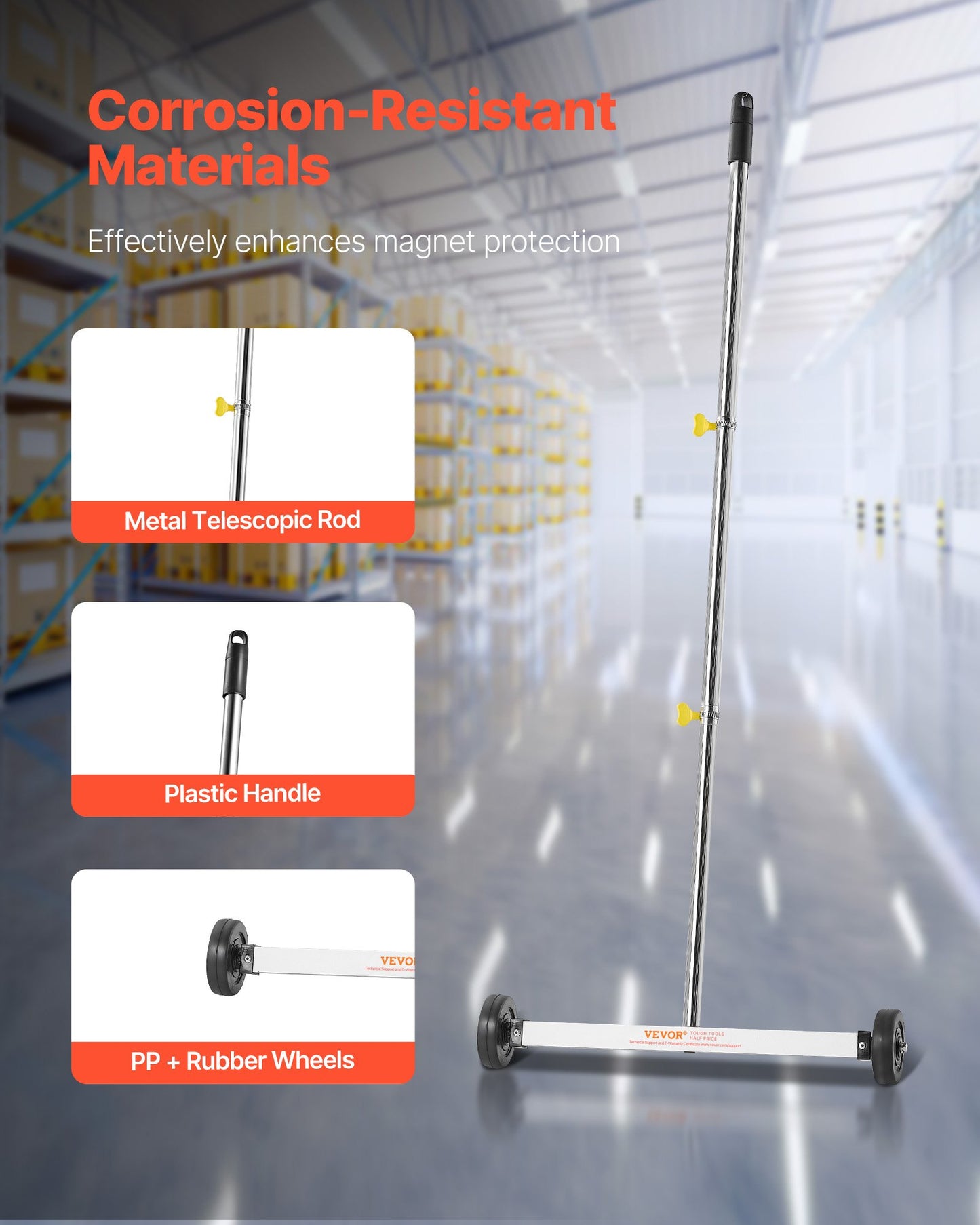 Magnetic Sweeper with Wheels, 43 cm, 4.5 kg Load Capacity, Lightweight Magnetic Pickup Sweeper with Adjustable Handle, Pick Up Nails and Screws, Easy Cleanup for Garages, Roofing Projects