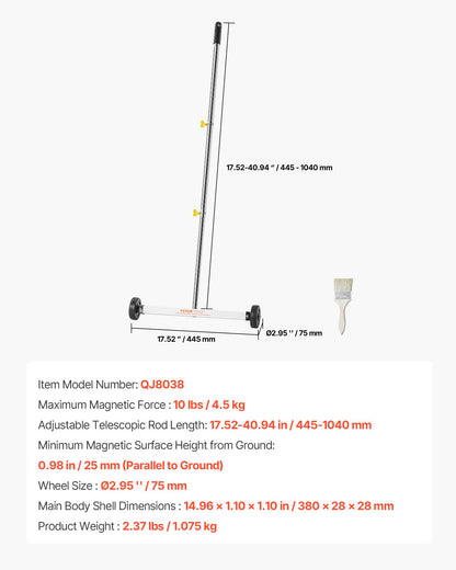 Magnetic Sweeper with Wheels, 43 cm, 4.5 kg Load Capacity, Lightweight Magnetic Pickup Sweeper with Adjustable Handle, Pick Up Nails and Screws, Easy Cleanup for Garages, Roofing Projects