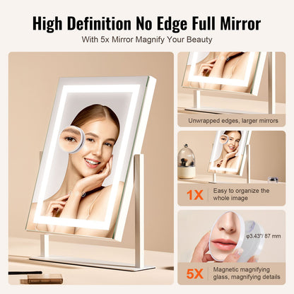 Vanity Mirror with Lights, Three Color Lighting Modes, Lighted Makeup LED Mirror, and 5X Magnification Mirror, Smart Touch Control, 360°Rotation (16.1x11.8 in, White)