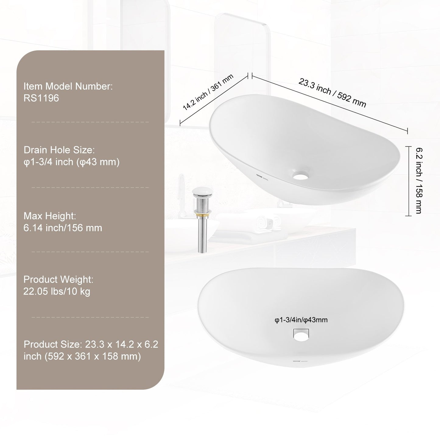 Oval Vessel Sink, 23.3" x 14.2" Bathroom Vessel Sink Bowl Countertop, White Ceramic Bathroom Sinks Above Counter, Bowl Sink with Modern Style, Well-Packaged for Bathroom, Hotel, Toilet, RV
