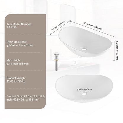 Oval Vessel Sink, 23.3" x 14.2" Bathroom Vessel Sink Bowl Countertop, White Ceramic Bathroom Sinks Above Counter, Bowl Sink with Modern Style, Well-Packaged for Bathroom, Hotel, Toilet, RV