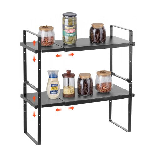Adjustable Kitchen Cabinet Shelf Organizer, Expandable 2 Tier Cabinet Shelf, Stackable Countertop Organizers and Storage Shelf Risers, Pantry Organizers for Kitchen Bathroom Office, Black